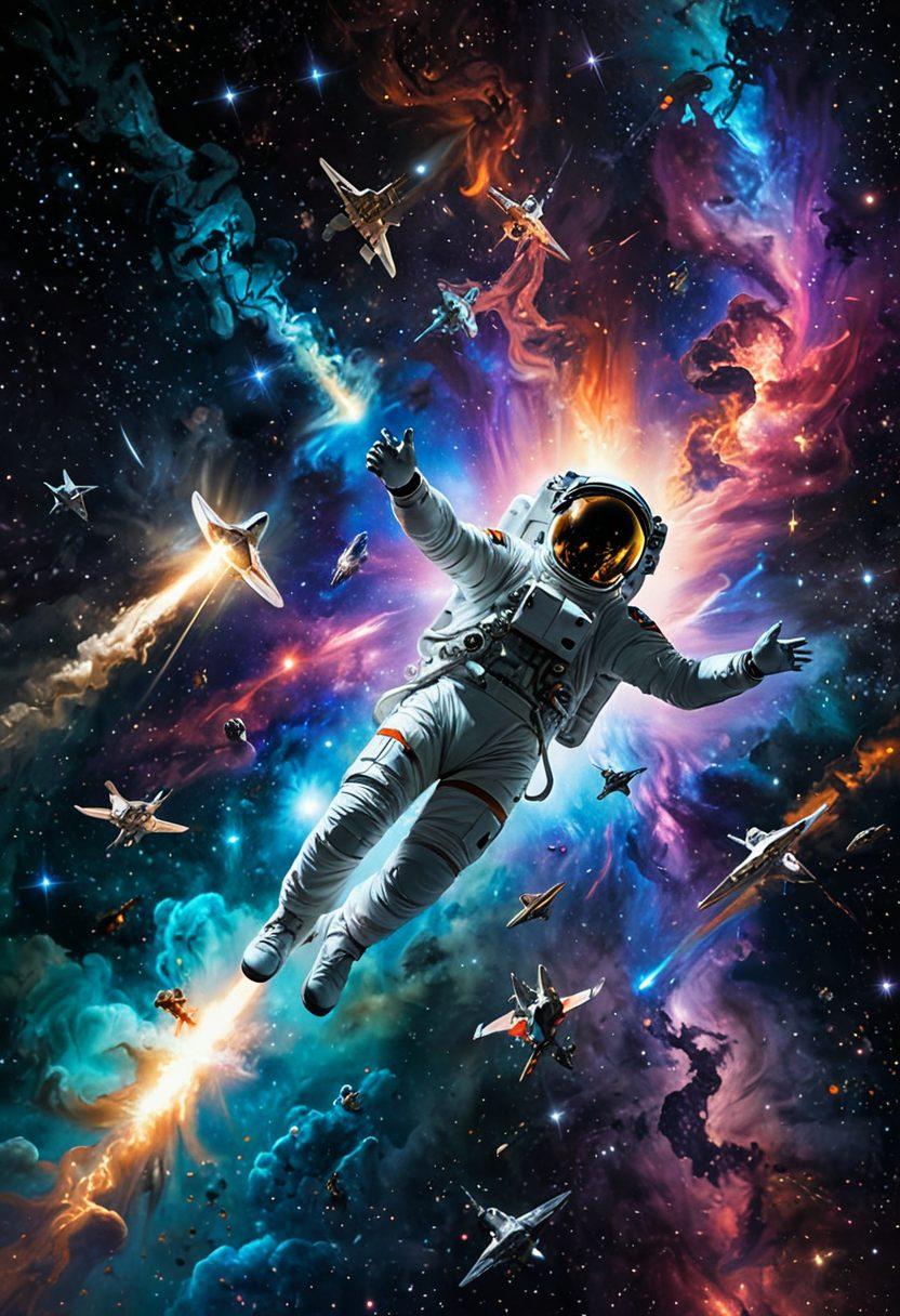 A vibrant scene featuring a team of astronauts floating through a cosmic landscape, filled with swirling galaxies, bright stars, and colorful nebulae. Show one adventurer reaching towards a shooting star while another records the experience on a futuristic device. Include a sleek spaceship in the background against the vastness of space, embodying the thrill of exploration. super-realistic. vibrant colors. deep space background.