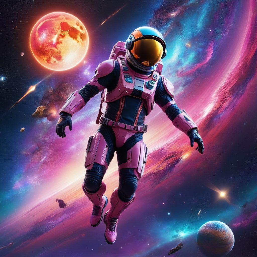 A vast cosmic landscape featuring vibrant galaxies and shooting stars, showcasing a daring space explorer in a dynamic pose, joyfully gliding through the starry expanse. The scene is filled with swirling nebulae, colorful planets, and a bright, luminous sun at the horizon, evoking a sense of thrill and adventure. The explorer wears a sleek futuristic suit, radiating energy and freedom, embodying the essence of thrill-seeking in the cosmos. super-realistic. vibrant colors. cosmic theme.